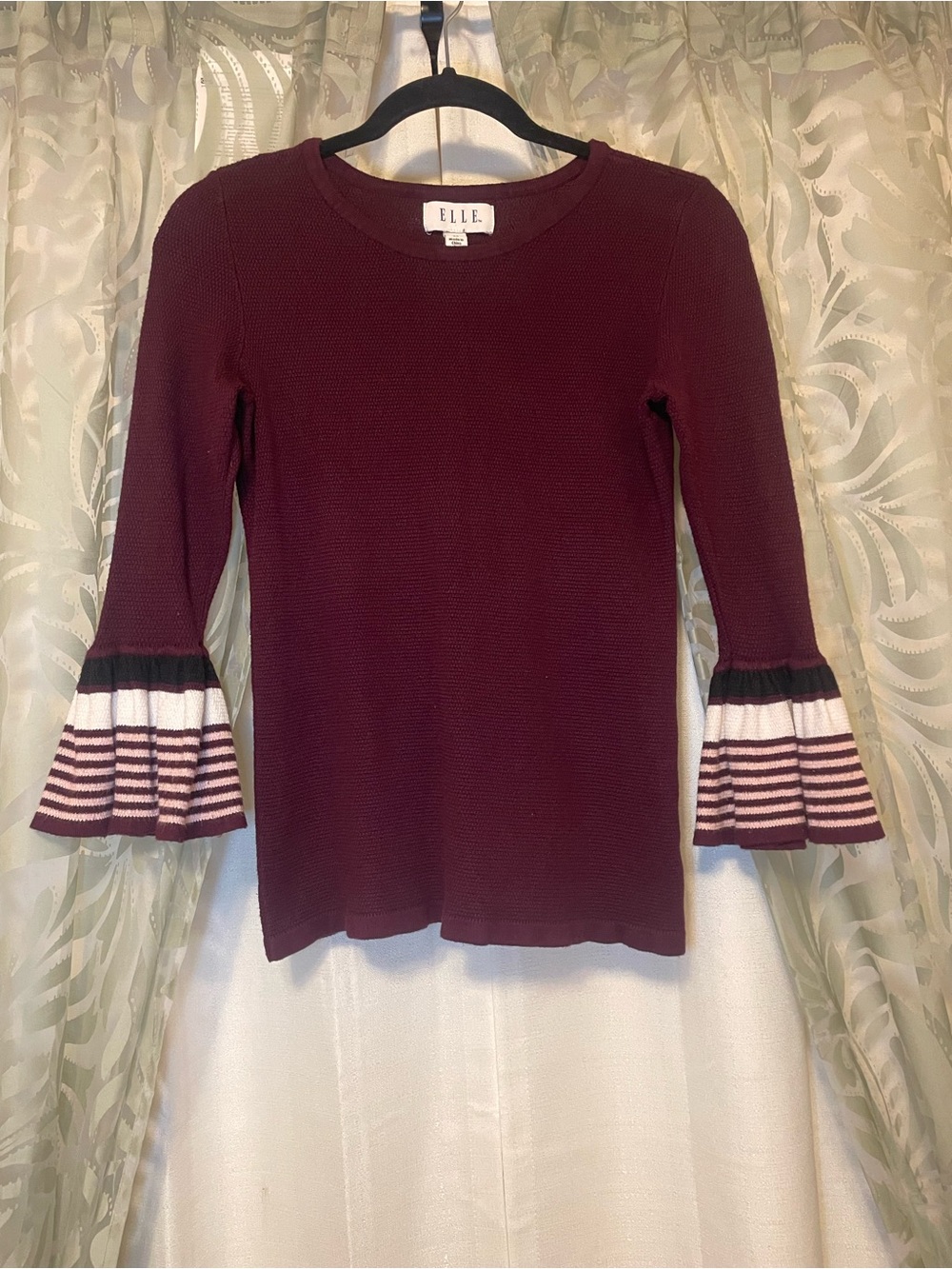 ELLE Burgundy Knit Top with Striped Bell Sleeves